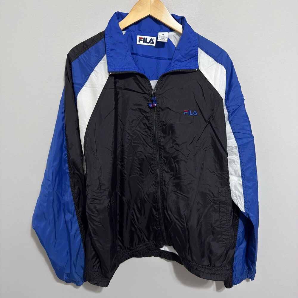 Vintage 90s Fila Windbreaker Jacket Blue Black White Mens XL